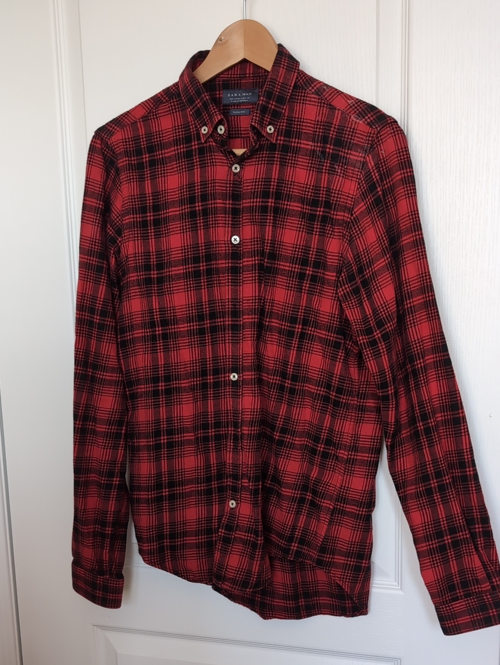 Zara Red and Black Plaid Button-Down Shirt